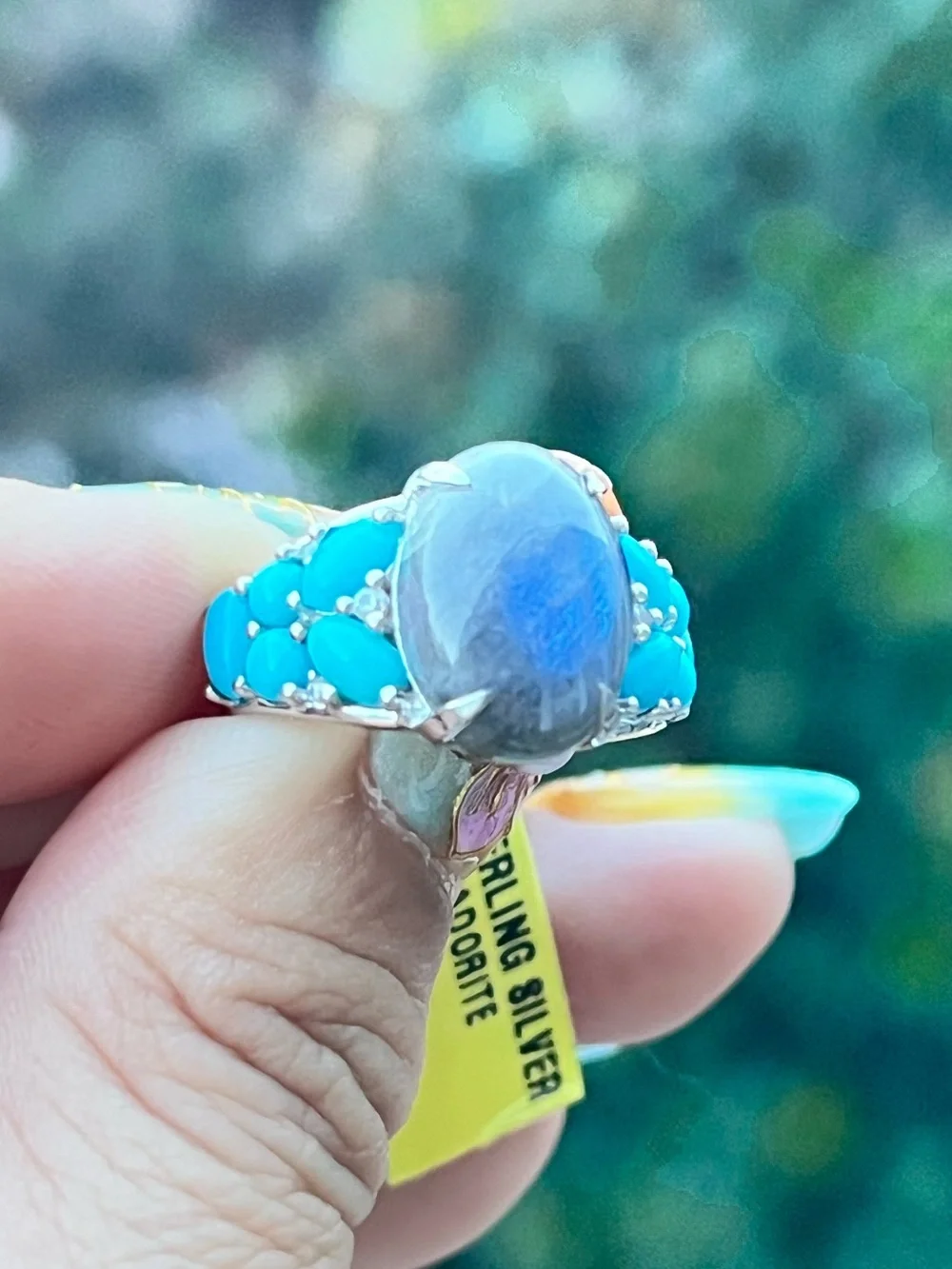 Sterling Silver Labradorite and Turquoise Statement Ring Size 6
